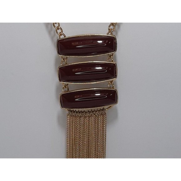 Goldtoned Womans Costume Brown Cabachon Necklace With Fringe - Picture 3 of 5